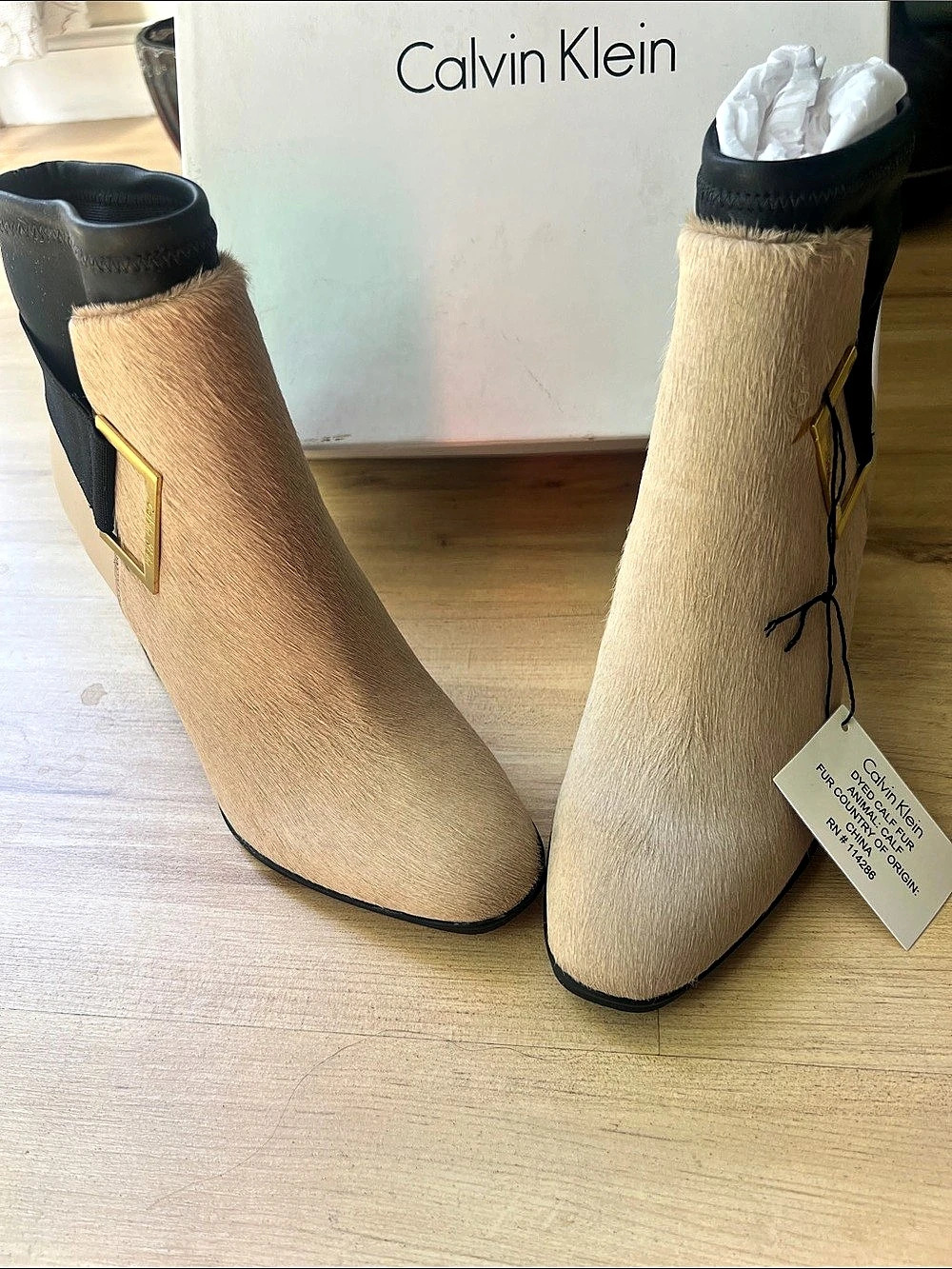 Calvin Klein Calf Fur Heeled Ankle Boots in Beige & Black NWT